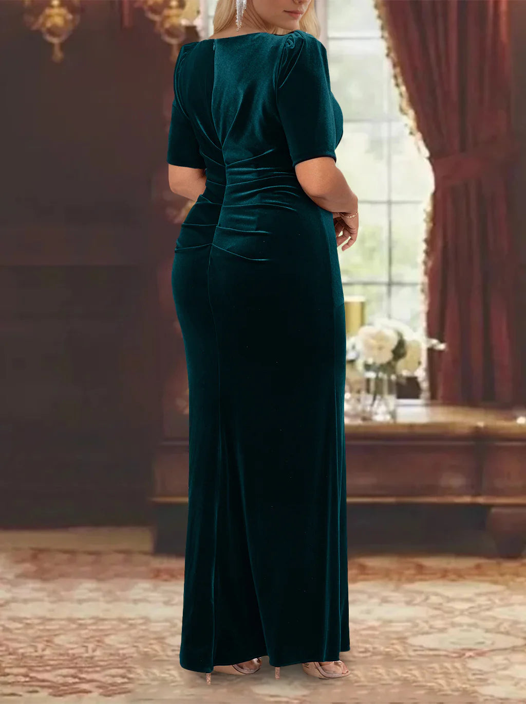 Formal Women's Dresses A-Line/Princess Scoop Half Sleeves Ankle-Length Mother of the Bride Dresses with Ruffles Prom Dresses Stores